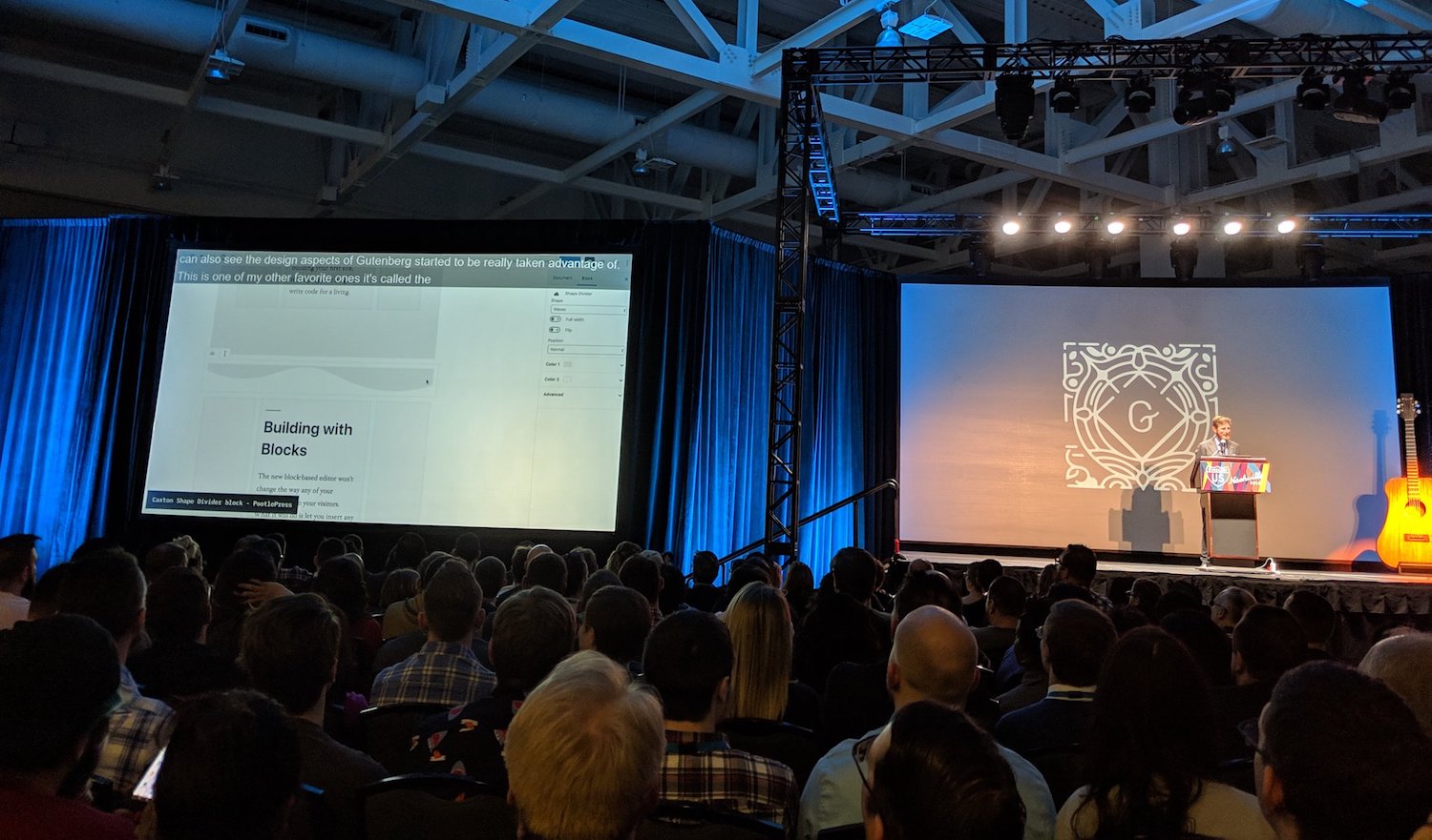 The Caxton Shape Divider Block is featured in Matt Mullenweg’s State of the Word speech at WordCamp US 2018 in Nashville