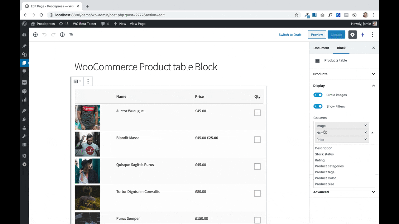 The new version of our Woocommerce Product Table Block lets you select Product fields and change their order (including variable product data) 1