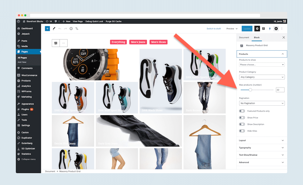 increase products shown in masonry grid for gutenberg