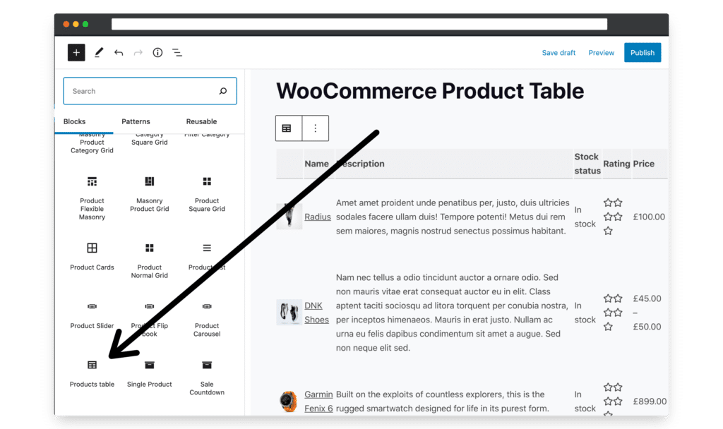 add the woocommerce product table