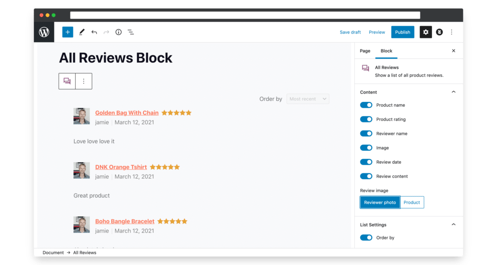 All Reviews WooCommerce Block