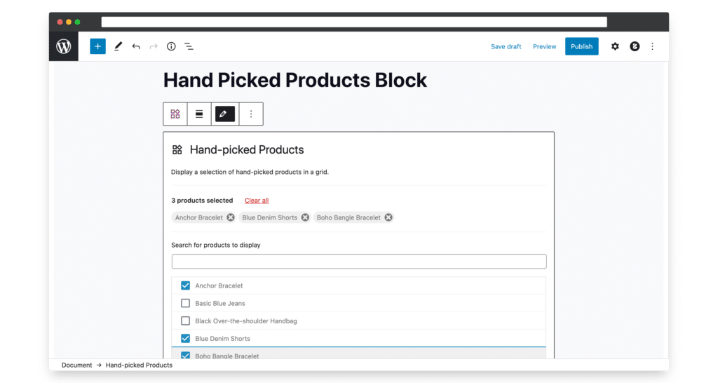 hand picked products block selection