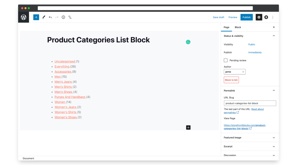 product categories list block for woocommerce