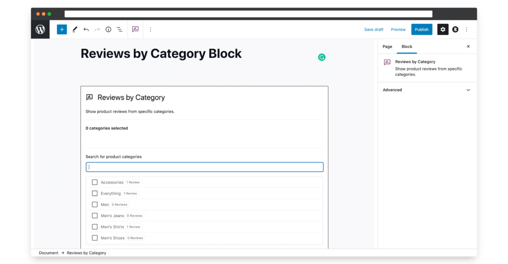 the reviews by category woocommerce block