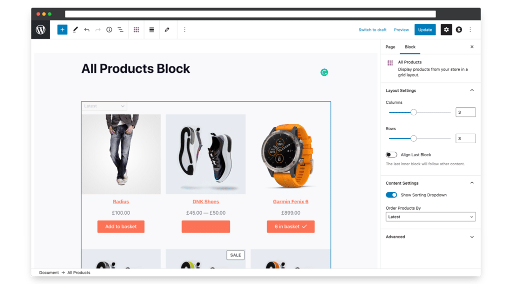 the all products woocommerce block