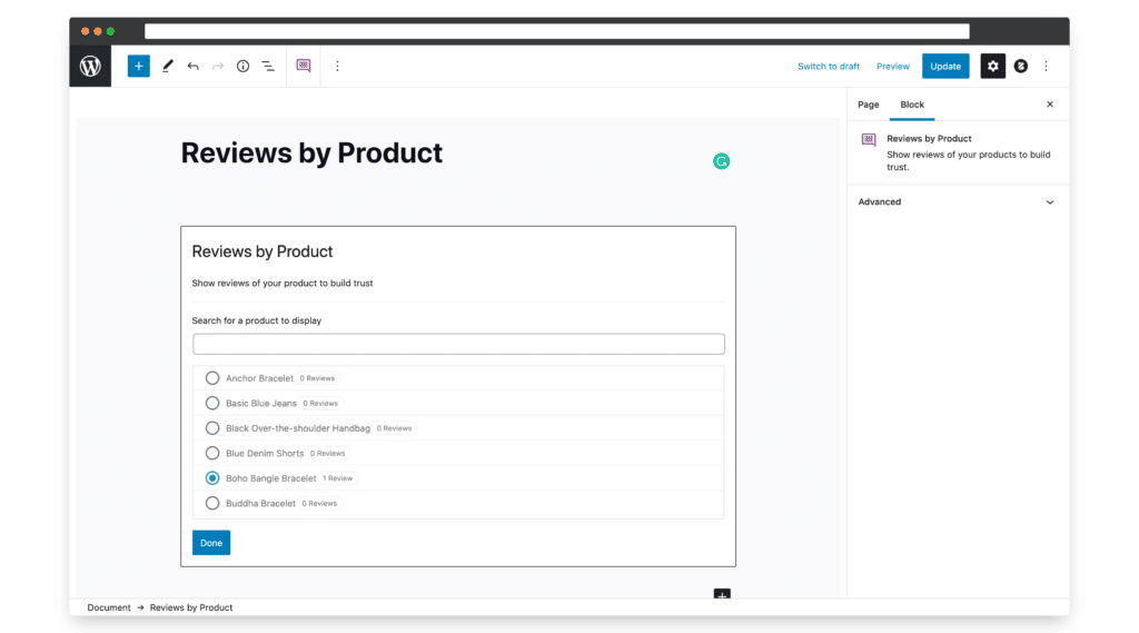 review by Product Block for woocommerce