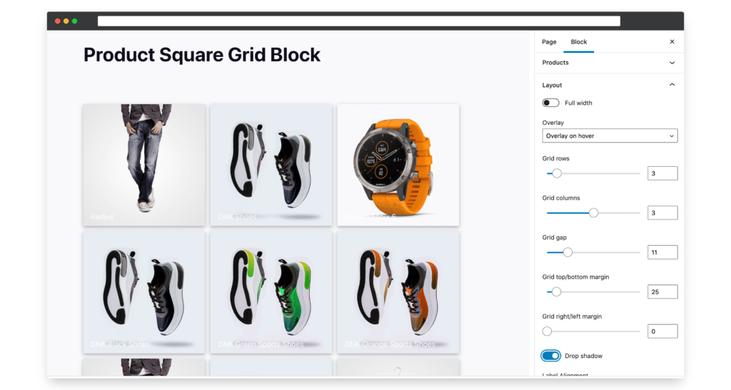 the woocommerce product square grid block