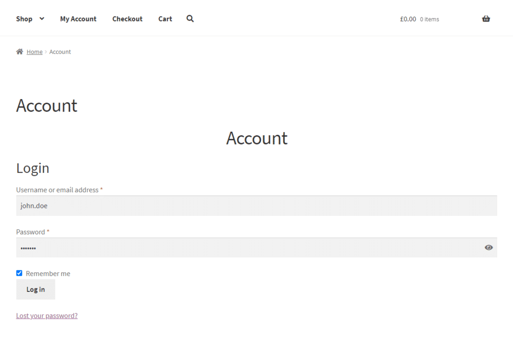 WooCommerce login page