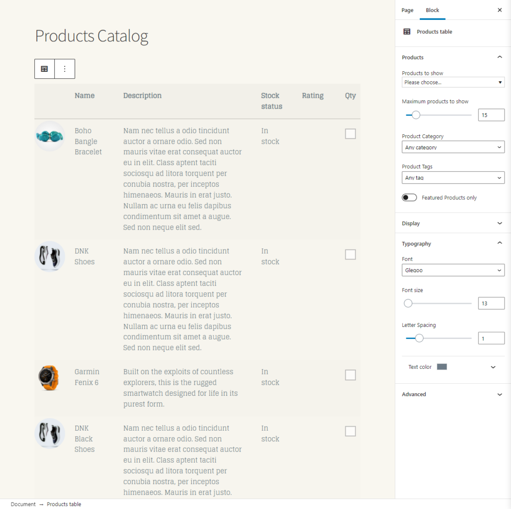 Configure Product Table