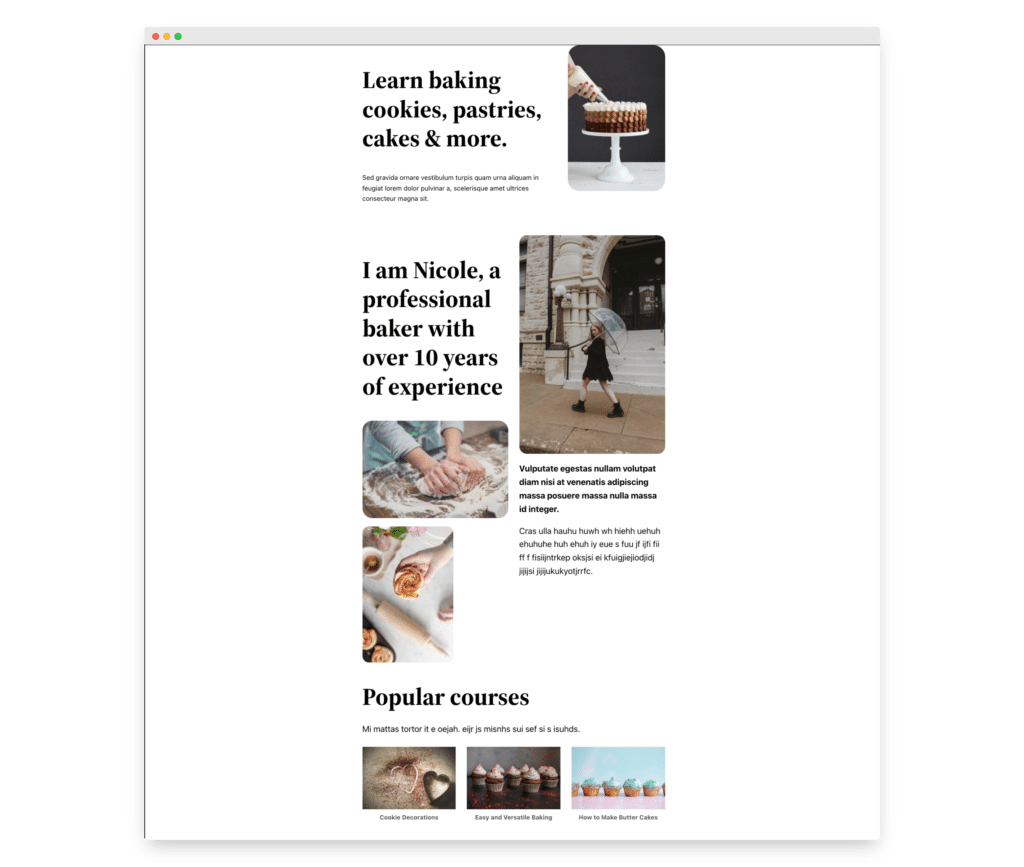 Lily's finished page, built using the gutenberg block editor