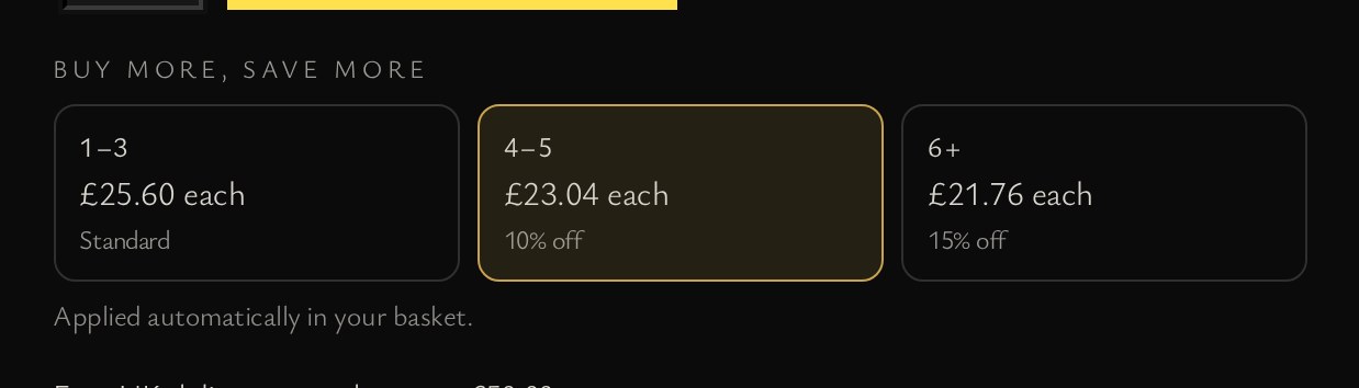 Three price tiers: 1 to 3 at £28.80, 4 to 5 at £25.92, 6 or more at £24.48