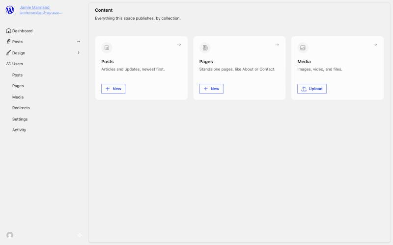 The Spacefast content dashboard with Posts, Pages and Media