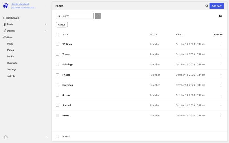 A list of the site’s pages in the Spacefast dashboard