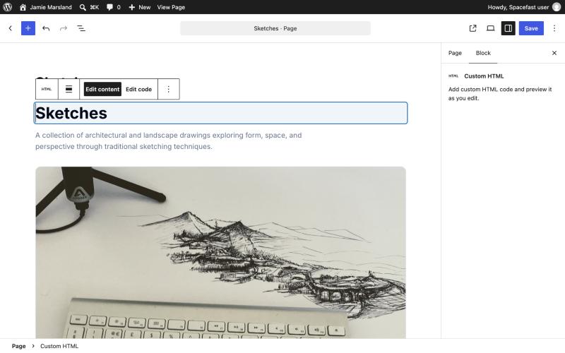Editing the Sketches page in the block editor with Edit content and Edit code buttons