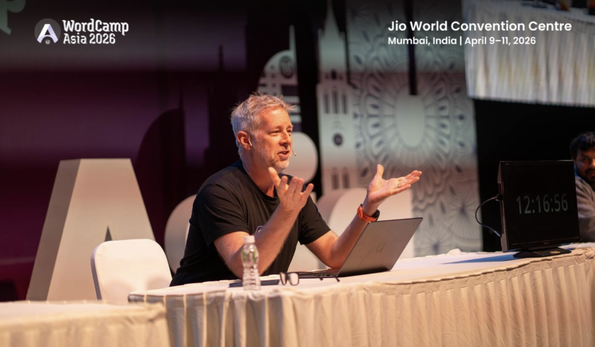 Jamie Marsland speaking at WordCamp Asia 2026 in Mumbai.