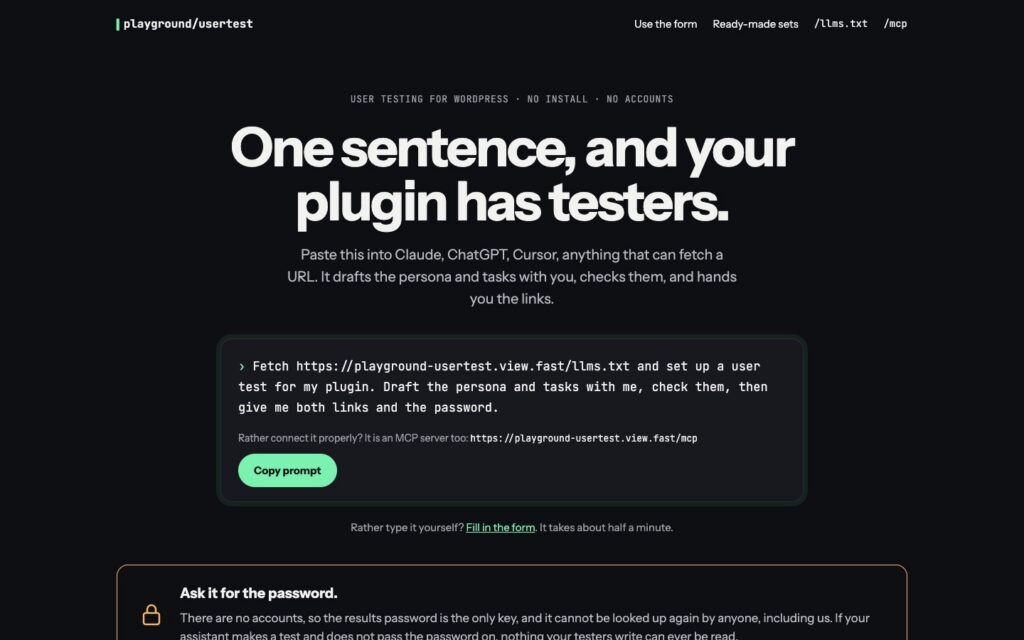 The home page of the user testing app at playground-usertest.view.fast