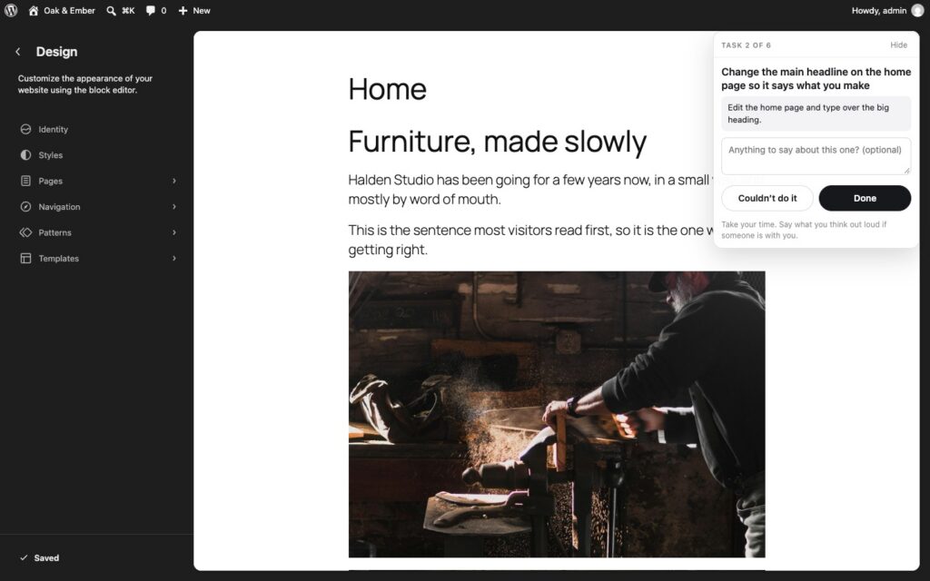 The task card over the Site Editor, with its hint opened
