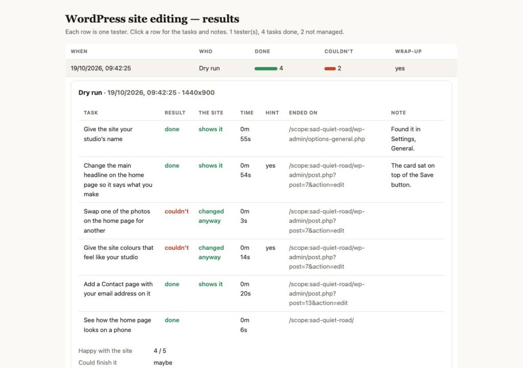 The results page: each task, the time it took, the hint, the note, and whether the site shows it
