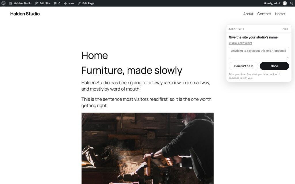 A starter WordPress site in Playground with the task card on the right
