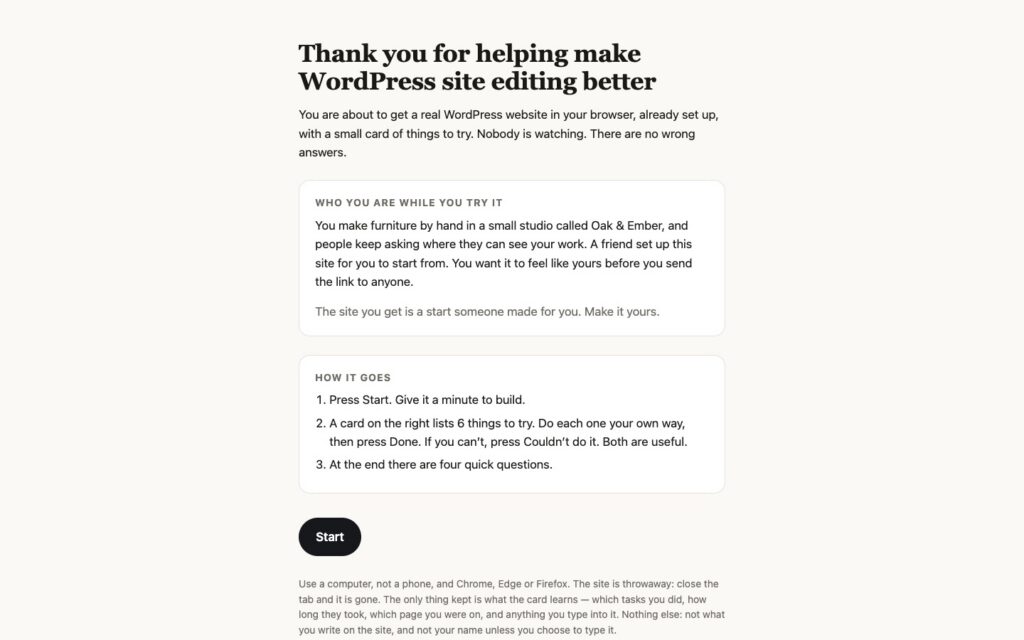The intro page a tester sees before pressing Start